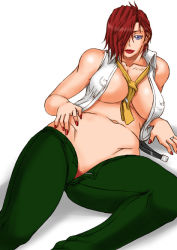 Rule 34 | 1girl, breasts, female focus, hair over one eye, large breasts, no panties, papepox2, red hair, solo, the king of fighters, unzipped, vanessa (kof)