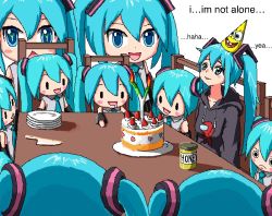 Rule 34 | 1girl, aiu404l, among us, birthday cake, birthday party, black hoodie, black sleeves, blue eyes, blue hair, blue necktie, blush, cake, chair, character doll, closed mouth, collarbone, collared shirt, commentary, crewmate (among us), detached sleeves, drawstring, drooling, english commentary, english text, food, from behind, hat, hatsune miku, hood, hoodie, knife, lonely, long hair, long sleeves, necktie, open mouth, parted lips, party hat, pixel art, plate, shirt, sitting, sleeveless, sleeveless shirt, smile, solo, spongebob squarepants, spongebob squarepants (series), spring onion, strawberry shortcake, symbol in eye, table, twintails, v-shaped eyebrows, vocaloid, white background, white shirt
