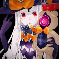 Rule 34 | 1girl, abigail williams (fate), abigail williams (third ascension) (fate), artist request, bare shoulders, black background, black bow, black headwear, blush, bow, breasts, colored skin, fate/grand order, fate (series), forehead, hat, highres, holding, holding stuffed toy, keyhole, long hair, multiple bows, open mouth, orange bow, parted bangs, red eyes, simple background, small breasts, stuffed animal, stuffed toy, teddy bear, two-sided fabric, two-sided headwear, w, white hair, white skin, witch hat