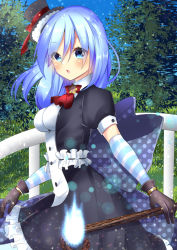 Rule 34 | 1girl, ascot, bad id, bad pixiv id, black dress, black hat, blue eyes, blue hair, blue sky, blush, bow, breasts, brown gloves, commentary request, day, detached sleeves, dress, gloves, hair between eyes, hat, holding, holding staff, looking at viewer, looking to the side, medium breasts, mini hat, mini top hat, misaki (misaki86), original, outdoors, parted lips, puffy short sleeves, puffy sleeves, railing, red ascot, red bow, short sleeves, sky, solo, spirit, staff, striped, striped sleeves, tilted headwear, top hat, tree