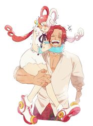 Rule 34 | 1boy, 1girl, amputee, anger vein, breasts, carrying, cheek bulge, choko egg, closed eyes, curvy, facial hair, father and daughter, full body, hair over eyes, hair rings, happy, headphones, highres, hug, large breasts, long hair, multicolored hair, muscular, one piece, open mouth, out of frame, pectorals, red hair, scar, scar across eye, shanks (one piece), shirt, short hair, size difference, smile, split-color hair, sweat, tears, teeth, two-tone hair, uta (one piece), very long hair, white hair, white shirt