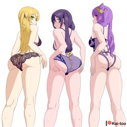 Rule 34 | 3girls, ass, ass cutout, ass grab, back, bare shoulders, bikini, black hair, blonde hair, blue eyes, blush, breasts, butt crack, clothing cutout, eyepatch, fischl (genshin impact), from behind, from below, genshin impact, green eyes, hair ornament, hairpin, highres, huge ass, kai-too, keqing (genshin impact), long hair, looking at viewer, looking back, mona (genshin impact), multiple girls, one-piece swimsuit, purple hair, red eyes, shiny skin, sideboob, smile, swimsuit, twintails, two side up, very long hair