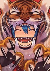 Rule 34 | 1girl, 2022, animal costume, animal ears, animal hands, animal print, bell, blue hair, chinese zodiac, closed eyes, fake animal ears, fangs, grin, hair between eyes, highres, neck bell, new year, open mouth, original, red background, rumie, sharp teeth, smile, solo, teeth, tiger costume, tiger print, upper body, whiskers