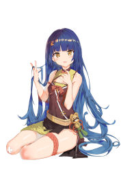 Rule 34 | 1girl, absurdres, alternate hairstyle, bandaid, bandaid on knee, bandaid on leg, bare shoulders, blue hair, blunt bangs, blush, breasts, china dress, chinese clothes, dress, full body, genshin impact, guoba (genshin impact), hair down, hair ornament, hairclip, highres, hime cut, long hair, looking at viewer, open mouth, panda, seiza, short eyebrows, simple background, sitting, small breasts, smile, solo, thigh strap, user trzp2584, very long hair, white background, xiangling (genshin impact), yellow eyes