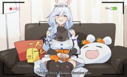 Rule 34 | 1girl, absurdres, animal ear fluff, animal ears, apron, battery indicator, blue hair, blush, braid, breasts, casting couch, couch, highres, hololive, large breasts, long hair, looking at viewer, mature female, multicolored hair, on couch, open mouth, pekomama, rabbit ears, rabbit girl, rakugaki shiro, recording, sitting, smile, solo, teeth, thick eyebrows, upper teeth only, viewfinder, virtual youtuber, white hair