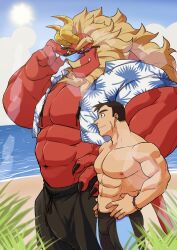 Rule 34 | 2boys, adjusting eyewear, alternate costume, bara, beach, beard, black hair, black male swimwear, black shorts, blank eyes, bracelet, bulge, colored skin, curled horns, dragon horns, facial hair, feet out of frame, fewer digits, forked eyebrows, from side, furry, furry male, furry with non-furry, gardie (otsukimi), hands on own hips, hawaiian shirt, head tilt, horns, huge eyebrows, interspecies, jewelry, kouhei (otsukimi), large bulge, large hands, large pectorals, legskin, lens flare, lion hair, male focus, male swimwear, multiple boys, muscular, muscular male, nipples, original, otsukimi, pectoral cleavage, pectorals, red skin, shirt, short hair, shorts, sideburns, sideburns stubble, size difference, standing, strongman waist, stubble, sun, sunglasses, sunlight, thick eyebrows, thick thighs, thighs, topless male, tusks, undersized clothes, v-taper, water, yaoi