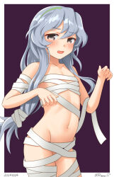 1girl bandages blush border braid collarbone cowboy_shot dated green_hairband grey_eyes grey_hair hairband halloween halloween_costume kantai_collection long_hair looking_at_viewer mummy mummy_costume naked_bandage open_mouth purple_background ray.s smile twitter_username white_border yamagumo_(kancolle)