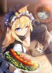 Rule 34 | 1girl, apron, blonde hair, blue eyes, braid, braided bangs, breasts, broccoli, carpet, carrying, cat, closed mouth, commentary request, day, dress, expressionless, food, g36 (girls&#039; frontline), girls&#039; frontline, gloves, hair between eyes, holding, indoors, long hair, looking at viewer, maid, maid apron, maid headdress, meat, medium breasts, one eye closed, plate, potato, salad, sausage, sleeping, solo, very long hair, vikpie