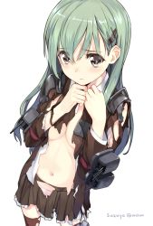 Rule 34 | 10s, 1girl, amagai tarou, aqua eyes, aqua hair, black eyes, blush, breasts, brown thighhighs, character name, cleavage, covering privates, covering breasts, cowboy shot, female focus, hair ornament, hairclip, kantai collection, long hair, looking at viewer, machinery, navel, panties, school uniform, simple background, sketch, skirt, solo, standing, suzuya (kancolle), thighhighs, torn clothes, turret, twitter username, underwear, uniform, white background