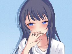 1girl 3: averting_eyes black_hair blue_eyes blush closed_mouth collarbone commentary_request drop_shadow embarrassed facing_viewer film_grain hand_up idoly_pride long_hair nagase_kotono nana_nagi shirt sidelocks sideways_glance solo white_shirt