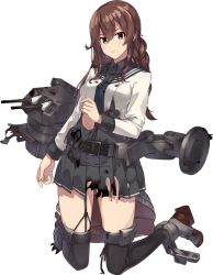Rule 34 | 1girl, belt, belt buckle, black belt, brown hair, buckle, burnt clothes, closed mouth, frown, full body, garter straps, green eyes, grey skirt, kantai collection, kneeling, konishi (koconatu), long hair, long sleeves, looking at viewer, machinery, noshiro (kancolle), official art, pleated skirt, rigging, sidelocks, skirt, solo, torn clothes, transparent background, twintails