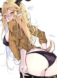 Rule 34 | 1girl, ahoge, anger vein, angry, animal ear fluff, animal ears, arched back, arknights, ass, ass focus, asymmetrical hair, asymmetrical sidelocks, black bra, black panties, blonde hair, blush, bra, breasts, brown horns, collared jacket, colored inner hair, commentary request, cowboy shot, crossed bangs, degenbrecher (arknights), double-parted bangs, eyelashes, from behind, goat ears, goat girl, goat horns, goat tail, green pants, grey hair, hair between eyes, hair flowing over, highres, holding, holding pants, horns, jacket, kyuu (plastic night q), lace, lace-trimmed bra, lace-trimmed panties, lace trim, large breasts, leaning, leaning forward, long bangs, long hair, long sleeves, looking at viewer, looking back, military, military jacket, military uniform, multicolored hair, nose blush, notice lines, open clothes, open jacket, open mouth, panties, pants, partially undressed, shadow, sideboob, sidelocks, simple background, sleeves rolled up, solo, spoken anger vein, standing, surprised, sweatdrop, tail, teeth, thighs, tongue, two-tone hair, underwear, undressing, uniform, upper teeth only, very long hair, white background, yellow eyes, yellow jacket