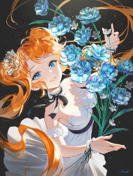 Rule 34 | 1girl, absurdres, blue eyes, blue flower, breasts, cleavage, dress, floating hair, flower, from above, from behind, hair flower, hair ornament, heartki, highres, light particles, long hair, looking at viewer, medium breasts, orange hair, original, parted lips, signature, sleeves past wrists, smile, solo, strapless, strapless dress, twintails, very long hair, white dress, white flower