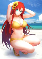 Rule 34 | 1girl, aqua eyes, armpits, arms behind head, arms up, bare shoulders, beach, bikini, blush, boudica (fate), boudica (third ascension) (fate), breasts, cleavage, closed mouth, collarbone, fate/grand order, fate (series), flower, hair between eyes, hair flower, hair ornament, highres, large breasts, long hair, looking at viewer, minami koyogi, navel, red hair, sandals, smile, solo, squatting, sunflower, sunflower hair ornament, swimsuit, thighs, yellow bikini
