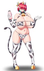 Rule 34 | 1girl, absurdres, anal, anal tail, animal ears, animal print, bell, bikini, bottle, breast milk, breasts, butt plug, cho!cho!, cleavage, cow ears, cow horns, cow print, cow print bikini, cow tail, cowbell, ear tag, elbow gloves, eyepatch bikini, fake animal ears, fake horns, fake tail, full body, gloves, hair over one eye, hairband, highres, holding, holding bottle, horns, huge breasts, ignis (last origin), last origin, milk bottle, milk churn, navel, print bikini, print footwear, print gloves, print hairband, red eyes, red hair, sex toy, short hair, simple background, smile, solo, standing, swimsuit, tail, white background