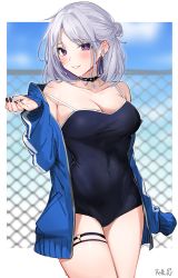 Rule 34 | 1girl, absurdres, black choker, black nails, blue jacket, blue sky, breasts, broken, broken chain, chain, choker, cleavage, clothes pull, competition school swimsuit, earrings, eyes visible through hair, hair bun, hand under clothes, heart, highres, jacket, jacket pull, jewelry, large breasts, looking at viewer, medium hair, mole, mole on breast, nail polish, one-piece swimsuit, original, parted bangs, parted lips, paw earrings, purple eyes, school swimsuit, silver hair, single hair bun, skindentation, sky, smile, solo, striped clothes, striped jacket, swimsuit, swimsuit under clothes, teeth, thigh strap, track jacket, triangle earrings, xretakex