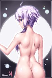 Rule 34 | 1girl, ahoge, ass, back, breasts, character name, cocytus (wind master), from behind, long hair, looking back, nude, purple eyes, purple hair, shiny skin, short hair with long locks, small breasts, solo, twintails, vocaloid, voiceroid, yuzuki yukari