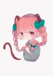 Rule 34 | 1girl, animal ears, bow, brm 1925, cat ears, cat tail, dress, extra ears, green dress, hair ornament, highres, holding, holding hair, holding hair ornament, kaenbyou rin, looking down, nekomata, portrait, red eyes, red hair, simple background, sketch, solo, tail, touhou, twintails, white background