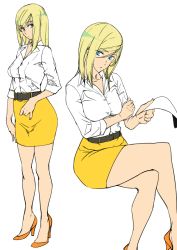 Rule 34 | 1girl, alternate costume, ashiomi masato, belt, blonde hair, breasts, closed mouth, dress shirt, guilty gear, guilty gear xrd, high heels, looking at viewer, medium hair, millia rage, shirt, simple background, skirt, solo, white background