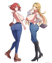 Rule 34 | 2girls, absurdres, alternate costume, ass, ass focus, bad tag, bag, belt, blonde hair, blush, boots, breasts, denim, detached sleeves, dot nose, earrings, eating, facing away, female focus, food, from side, gem, gonzarez, green gemstone, hair between eyes, hand on own hip, handbag, heeled boots, highres, holding, holding food, hourglass, huge ass, huge breasts, jeans, jewelry, knee boots, large areolae, large nipples, leather, leather boots, legs, long bangs, long hair, looking at viewer, medium hair, midriff, multiple girls, mythra (xenoblade), necklace, nintendo, nude filter, pants, pointy breasts, pyra (xenoblade), red eyes, red hair, sagging breasts, short hair, sideboob, simple background, smile, thighs, third-party edit, tiara, topless, very long hair, white background, xenoblade chronicles (series), xenoblade chronicles 2, yellow eyes