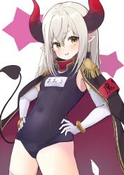 Rule 34 | 1girl, armband, black coat, blue one-piece swimsuit, bracelet, coat, cowboy shot, demon girl, demon horns, demon tail, elbow gloves, emma august, epaulettes, fang, gloves, hair between eyes, hand on own hip, highres, horns, jewelry, long hair, looking at viewer, nijisanji, old school swimsuit, one-piece swimsuit, open clothes, open coat, pointy ears, school swimsuit, silver hair, skin fang, solo, swimsuit, tail, virtual youtuber, white gloves, yellow eyes, yudetama