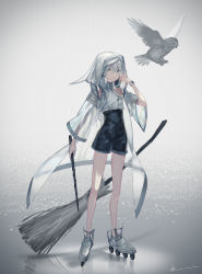 Rule 34 | 1girl, absurdres, arm at side, bird, black shorts, bracelet, breasts, broom, buttons, cloak, closed mouth, commentary, corset, full body, grey hair, hair between eyes, hand up, headphones, headphones around neck, high collar, highres, holding, holding wand, hood, hood up, jewelry, kururi, long hair, looking at viewer, original, owl, roller skates, see-through, shadow, shirt, shorts, signature, simple background, skates, sleeveless, sleeveless shirt, small breasts, solo, standing, wand, white footwear, white shirt, wide sleeves, yellow eyes