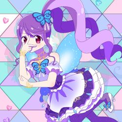 Rule 34 | 1girl, bare shoulders, butterfly hair ornament, butterfly wings, closed mouth, commentary request, dress, hair ornament, hand on own elbow, hand on own face, hand up, high heels, idol clothes, insect wings, junon (pripara), kuroda keeshi, layered dress, long hair, looking at viewer, multicolored hair, pretty series, pripara, purple dress, purple hair, red eyes, shoes, side ponytail, sidelocks, solo, v, white footwear, wings