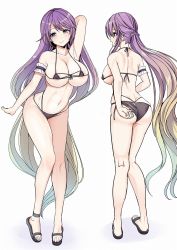 Rule 34 | 1girl, amisu, arm garter, arm up, armpits, ass, bare arms, bare legs, bare shoulders, bikini, black bikini, black footwear, blonde hair, blush, breasts, commentary request, from behind, full body, gradient hair, groin, halterneck, head tilt, hijiri byakuren, large breasts, long hair, looking at viewer, micro bikini, multi-strapped bikini, multicolored hair, multiple views, navel, purple eyes, purple hair, sandals, shadow, simple background, smile, standing, stomach, swept bangs, swimsuit, thighs, touhou, very long hair, whale tail (clothing), white background