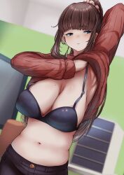 Rule 34 | 1girl, absurdres, arm up, armpits, black bra, black pants, blue eyes, bra, breasts, brown hair, closed mouth, clothes lift, heart, heart in eye, highres, huge breasts, indoors, lifted by self, long hair, long sleeves, mole, mole on breast, navel, new game!, pants, pink scrunchie, ponytail, r-man, red sweater, scrunchie, sidelocks, solo, sweater, sweater lift, symbol in eye, takimoto hifumi, underwear