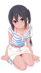 Rule 34 | 1girl, barefoot, belt, belt buckle, black hair, blush, brown belt, brown eyes, buckle, buttons, cellphone, closed mouth, collarbone, commentary request, dot nose, dresstrip, female focus, full body, hair between eyes, holding, holding phone, k-on!, long hair, looking at viewer, nakano azusa, phone, shirt, short sleeves, sidelocks, simple background, sitting, skirt, smartphone, smile, solo, striped clothes, striped shirt, tan, tanline, toes, twintails, white skirt