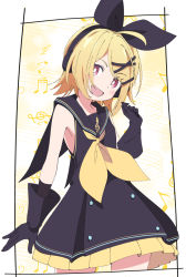 Rule 34 | 1girl, :d, black dress, black gloves, black hairband, black sailor collar, blonde hair, blush, commentary request, dress, gloves, hair ornament, hairband, ixy, kagamine rin, looking at viewer, musical note, open mouth, red eyes, sailor collar, short hair, smile, solo, vocaloid, x hair ornament