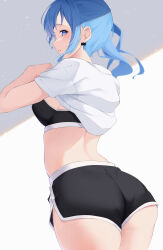 Rule 34 | 1girl, absurdres, ass, black shorts, black sports bra, blue eyes, blue hair, bow, bow earrings, breasts, clothes lift, earrings, from behind, highres, hololive, hoshimachi suisei, jewelry, lifting own clothes, long hair, looking at viewer, looking back, medium breasts, nashiki (5tella), parted lips, shirt lift, short shorts, shorts, side ponytail, solo, sports bra, thighs, virtual youtuber