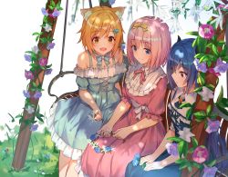Rule 34 | 3girls, animal ear fluff, animal ears, bare shoulders, blonde hair, blue bow, blue dress, blue eyes, blue hair, blush, bow, closed eyes, dress, flower, frills, grass, hair bow, hair flower, hair ornament, hand on legs, highres, hiyori (princess connect!), holding, holding flower, horns, isaya (pixiv4541633), long hair, looking at object, multiple girls, necktie, off shoulder, open mouth, orange eyes, parted lips, pink bow, pink dress, pink hair, princess connect!, red eyes, rei (princess connect!), short hair, sitting, yellow bow, yui (princess connect!)