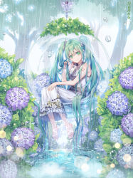 Rule 34 | 1girl, absurdly long hair, barefoot, bow, dress, flower, green eyes, green hair, grey bow, hair between eyes, hair bow, hair ornament, hand in own hair, hatsune miku, hydrangea, long dress, long hair, looking at viewer, outdoors, rain, roang, sitting, sleeveless, sleeveless dress, smile, solo, sundress, tree, twintails, very long hair, vocaloid, white dress