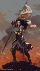 Rule 34 | 1girl, armor, banner, bayard wu, black hair, faulds, full armor, full body, gauntlets, greaves, highres, jeanne d&#039;arc, lips, long hair, official art, pauldrons, pole, sheath, sheathed, shoulder armor, solo, sword, time of legends: joan of arc, weapon, wind, wind lift