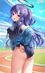 Rule 34 | 1girl, absurdres, adjusting buruma, adjusting clothes, ass, black halo, black shirt, blue archive, blue buruma, blue eyes, blue hair, blue jacket, blue sky, blush, buruma, cloud, cloudy sky, commentary, cowboy shot, from behind, gym, gym shirt, gym uniform, halo, highres, jacket, long hair, long sleeves, looking at viewer, looking back, mechanical halo, off shoulder, official alternate costume, official alternate hairstyle, open mouth, outdoors, parted bangs, ponytail, ppudang, puffy long sleeves, puffy sleeves, railroad tracks, shirt, short sleeves, sky, star (symbol), sticker on face, wavy mouth, yuuka (blue archive), yuuka (track) (blue archive)