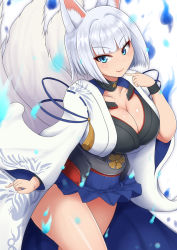 Rule 34 | 1girl, animal ears, azur lane, blue eyes, blue skirt, blush, breasts, cleavage, closed mouth, collarbone, fox ears, fox tail, highres, kaga (azur lane), large breasts, looking at viewer, ponponmaru, short hair, silver hair, skirt, smile, solo, tail