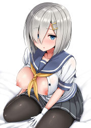 Rule 34 | 10s, 1girl, blue eyes, breasts, breasts out, collarbone, gloves, grey skirt, hair ornament, hair over one eye, hairclip, hamakaze (kancolle), kantai collection, kneeling, large breasts, looking at viewer, looking up, mitsukazu (nijigen complex), neckerchief, nipples, on bed, open clothes, pantyhose, pleated skirt, school uniform, serafuku, short sleeves, silver hair, sitting, skirt, solo, striped clothes, striped skirt, wariza, white gloves, yellow neckerchief