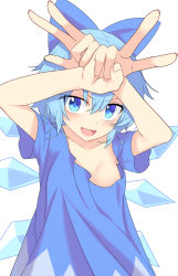 Rule 34 | 1girl, blue bow, blue eyes, blue hair, blue shirt, blush, bow, breasts, cirno, detached wings, double v, e.o., fairy, hair between eyes, hair bow, highres, ice, ice wings, open mouth, shirt, short hair, short sleeves, simple background, small breasts, smile, solo, touhou, upper body, v, white background, wings