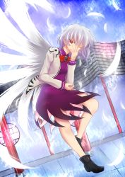 Rule 34 | 1girl, bow, bowtie, building, covering own mouth, dress, feathers, jacket, kishin sagume, nanaharu (0420), one eye closed, red eyes, round window, short hair, silver hair, single wing, solo, touhou, window, wings