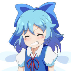 Rule 34 | 1girl, blue dress, blue hair, blush, cato (monocatienus), cirno, clenched teeth, closed eyes, commentary request, dress, grimace, hair ribbon, pinafore dress, puffy short sleeves, puffy sleeves, red neckwear, red ribbon, ribbon, shirt, short hair, short sleeves, simple background, sleeveless dress, solo, tearing up, teeth, touhou, upper body, white background, white shirt, wings