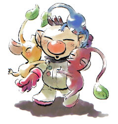Rule 34 | 1boy, ^ ^, asaikaina, big nose, blue pikmin, blue skin, brown hair, buttons, closed eyes, colored skin, commentary request, gloves, group hug, hand on another&#039;s back, hand on another&#039;s head, hug, leaf, light blush, nintendo, no humans, no mouth, olimar, open mouth, parted lips, pikmin (creature), pikmin (series), pointy ears, pointy nose, red gloves, red pikmin, red skin, shadow, short hair, simple background, smile, spacesuit, very short hair, white background, yellow pikmin, yellow skin
