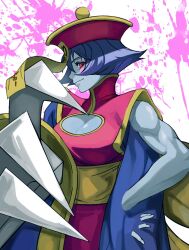 Rule 34 | 1girl, blue skin, breasts, chriscas, claws, cleavage cutout, clothing cutout, colored skin, hat, highres, large breasts, lei lei, purple hair, red eyes, short hair, sleeveless, vampire (game)