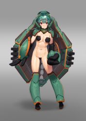 Rule 34 | 1girl, aqua hair, armored boots, beeeeen, bodysuit, boots, breasts, cleavage, closed mouth, full body, gradient background, green footwear, grey background, helmet, highres, knee boots, large breasts, long hair, looking at viewer, mecha musume, navel, original, red eyes, see-through, see-through bodysuit, smile, solo, standing, v-shaped eyebrows