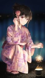 Rule 34 | 1girl, absurdres, bad id, bad pixiv id, black hair, blurry, blurry background, braid, breasts, brown hair, commentary request, depth of field, fireworks, floral print, flower, hair bun, hair flower, hair ornament, hand up, highres, holding, huge filesize, japanese clothes, kimono, long sleeves, looking at viewer, medium breasts, night, obi, original, pink flower, pink kimono, print kimono, red eyes, sandals, sash, short hair, single hair bun, solo, sparkler, squatting, striped clothes, striped kimono, toes, tokkyu, wide sleeves, yukata