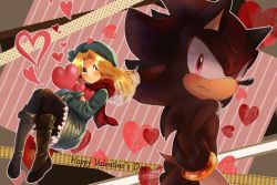 Rule 34 | 1boy, 1girl, animal nose, beret, black pantyhose, blonde hair, blue dress, blue eyes, blush, boots, closed mouth, dress, furry, furry male, hat, heart, light smile, long sleeves, looking back, maria robotnik, pantyhose, red eyes, red scarf, scarf, shadow the hedgehog, sonic (series), tondamanuke, valentine