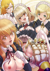 Rule 34 | 4girls, blonde hair, breasts, breasts out, character request, cixous (overlord), fith, fith (overlord), foire, gloves, green eyes, jewelry, large breasts, long sleeves, looking at viewer, lumiere (overlord), maid, maid headdress, medium breasts, medium hair, multiple girls, multiple rings, nipples, open mouth, orange eyes, outstretched hand, overlord (maruyama), red eyes, ring, rurukichi, short hair, spread legs, teeth, thighhighs, undressing, upper teeth only, upskirt, white gloves