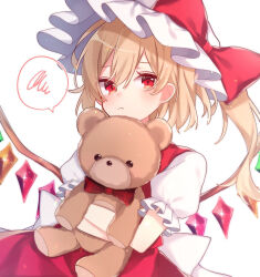 Rule 34 | + +, 1girl, back bow, blonde hair, blush, bow, commentary request, cowboy shot, crossed arms, crystal, dutch angle, flandre scarlet, frown, glint, hat, hat bow, highres, holding, holding stuffed toy, looking at viewer, mob cap, one side up, plaid, plaid bow, protected link, puffy short sleeves, puffy sleeves, red bow, red eyes, red skirt, red vest, short hair, short sleeves, simple background, skirt, solo, speech bubble, spoken squiggle, squiggle, star-shaped pupils, star (symbol), stuffed animal, stuffed toy, symbol-shaped pupils, teddy bear, touhou, upper body, vest, white background, wings, yurui tuhu