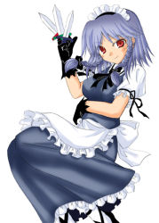 Rule 34 | 1girl, apron, between fingers, black gloves, braid, female focus, gloves, holding, izayoi sakuya, knife, looking at viewer, maid, maid apron, mirato, puffy short sleeves, puffy sleeves, red eyes, short sleeves, simple background, smile, solo, throwing knife, touhou, twin braids, weapon, white background