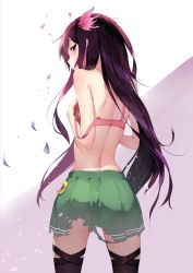 Rule 34 | 10s, 1girl, ass, back, bare shoulders, black thighhighs, blush, bra, crescent, crescent pin, from behind, hair ornament, hands on own chest, kantai collection, kentia, kentllaall, kisaragi (kancolle), long hair, looking at viewer, looking back, pink bra, pink eyes, pink hair, skirt, solo, strap slip, thighhighs, torn clothes, torn skirt, underwear